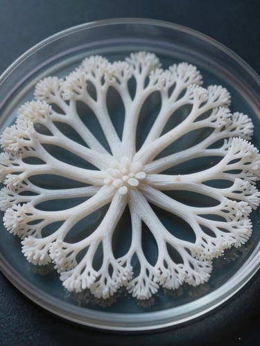 Macro photography of pure white rhizomorphic mycelium growing in a perfect concentric circle on a dark agar petri plate, cool sterile lighting.