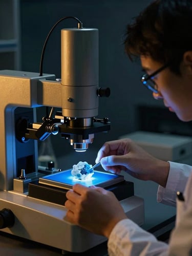 Industrial laboratory chemist analyzing mineral samples under blue light, high-precision testing equipment, dark navy background with gold highlights