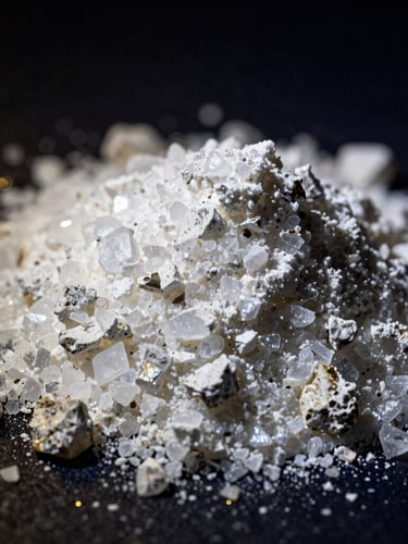 Extreme macro photograph of pure white crystalline potassium feldspar powder, sharp geological textures, dramatic low-key gold and dark navy lighting, 35mm