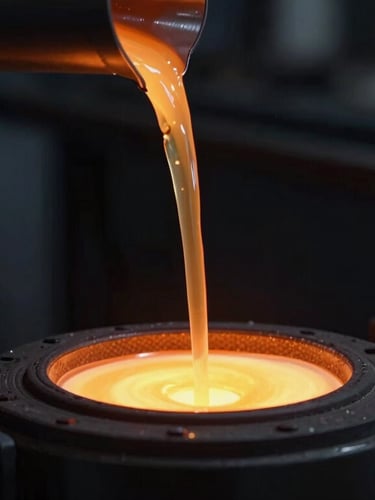 Macro shot of molten glass being poured in a dark industrial facility, glowing orange highlights, sharp focus, 35mm