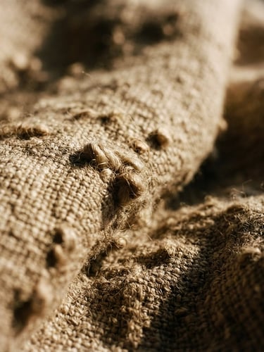 Tight macro shot of heavy unbleached flax linen weave, raw slub texture, dramatic low-angle afternoon window light casting deep shadows in the fabric folds, warm earth tones, shallow depth of field, 35mm photography