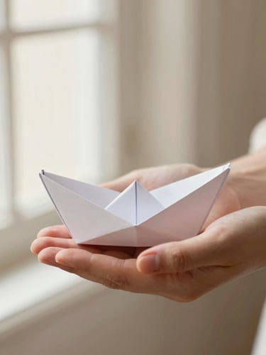 Close-up of supportive hands gently holding a small paper origami boat, soft natural window light, cream tones, warm editorial photography style