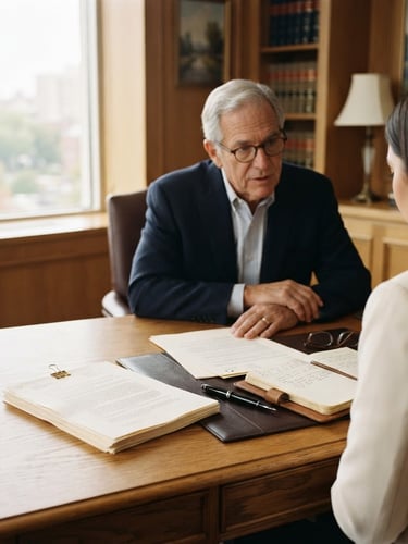 A quiet, professional legal consultation room with soft window light, structured documents on a wooden desk, warm editorial photography style, 35mm