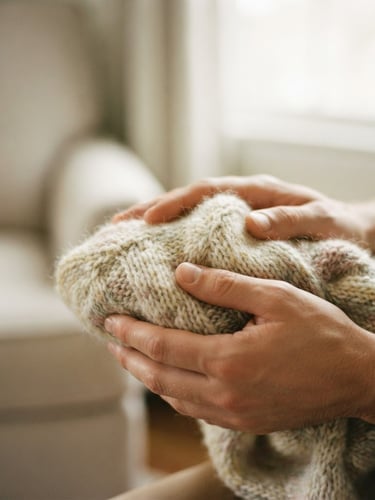 A warm, respectful close-up of supportive hands holding a small baby blanket, soft natural morning light through a window, muted cream and pastel tones, shallow depth of field, 35mm