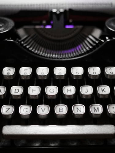 High-contrast noir photography of vintage typewriter keys in deep shadow with a faint electric purple backlighting, 35mm film style.