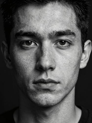 A stark, high-contrast black and white portrait of a person looking directly into the lens, harsh direct flash, dark empty background, raw skin texture visible.