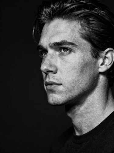 Stark, high-contrast black and white portrait of a person in motion blur, harsh direct flash, dark negative space on the left, raw skin texture, isolating composition.
