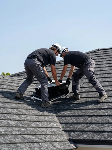Clean-cut roofing crew actively working on a residential roof, bright natural daylight, high-contrast deep charcoal tones, sharp focus, 35mm, emphasizing safety and professionalism, low angle.