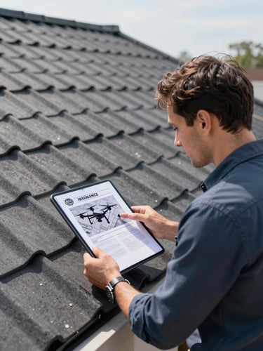 A Zilo Roofing insurance advocate reviewing documents with a homeowner on a tablet, drone-mapped inspection report in hand, professional and reassuring, crisp architectural photography, bright natural daylight, high-contrast deep charcoal tones, sharp focus, 35mm