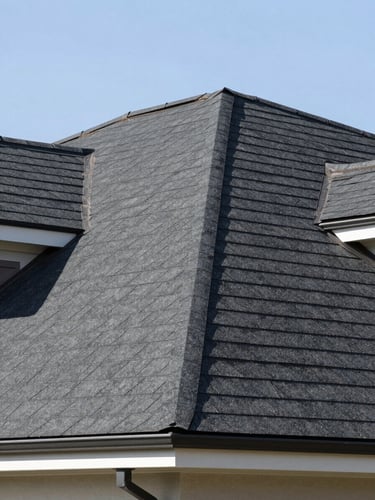 Architectural exterior shot of a fully restored residential roof after storm damage, showcasing new deep charcoal shingles, crisp natural daylight, low angle, 35mm