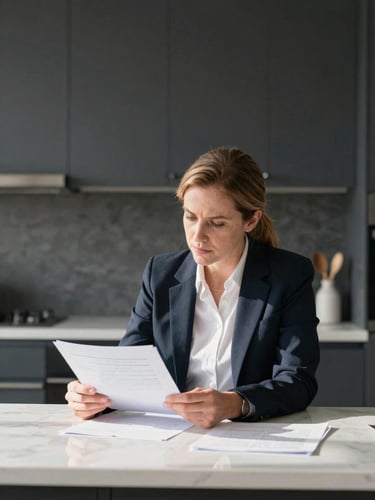 Professional insurance advocate reviewing documents with a homeowner at a kitchen table, bright natural daylight, high-contrast, sharp focus, 35mm, subject off-center