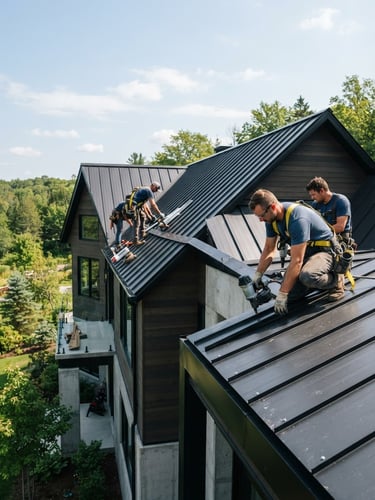 Professional roofing crew actively working on a modern residential roof, bright natural daylight, deep charcoal tones, sharp focus, 35mm, wide architectural exterior shot, crew member to the right third
