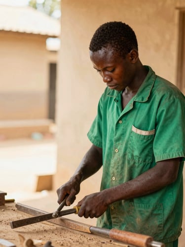 A young Senegalese student in green workwear operating a carpentry tool in a bright, sunlit workshop in Kolda, warm natural daylight.