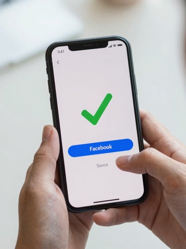 Portrait shot of hands holding a smartphone in bright daylight, showing a successful Facebook login screen with a green checkmark, shallow depth of field.