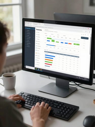 Over-the-shoulder view of a person reviewing website analytics on a large monitor, natural daylight from a window to the left, a keyboard and coffee mug visible on a clean desk, data dashboard clearly legible on screen