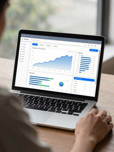 Over-the-shoulder shot of an analyst reviewing a search analytics dashboard on a laptop, natural window light, data charts visible showing organic traffic trends, hands on mouse