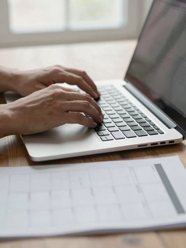 Close-up of hands typing on a laptop keyboard, a printed content calendar spread open beside it on a wooden desk, soft diffused window light, shallow depth of field