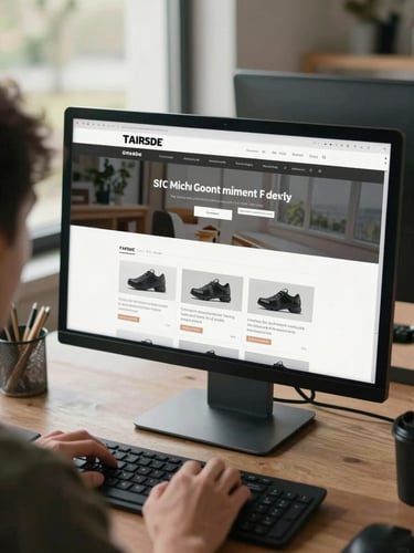 Over-the-shoulder view of a designer reviewing a website layout on a large monitor, natural daylight from a side window, hands resting on keyboard, site structure visible on screen