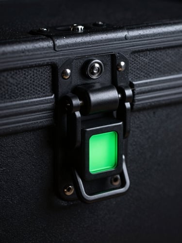 dramatic low-key product photography, close-up of a heavy-duty tactical flight case latch with neon green glowing status indicator, dark matte metal background, 50mm lens