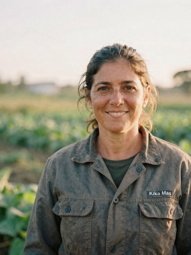 Honest portrait of Kika Mas, a woman in her late 40s with a warm smile, wearing work clothes in an organic farm field, soft morning golden-hour light, 35mm film grain