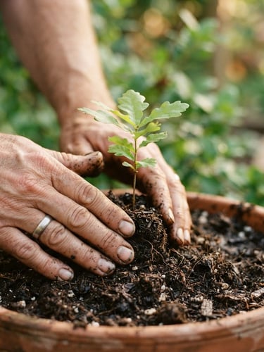 Close-up of weathered hands gently pressing rich, dark, damp soil around a tiny green oak sapling, soft golden-hour morning light, shallow depth of field, warm editorial photography style