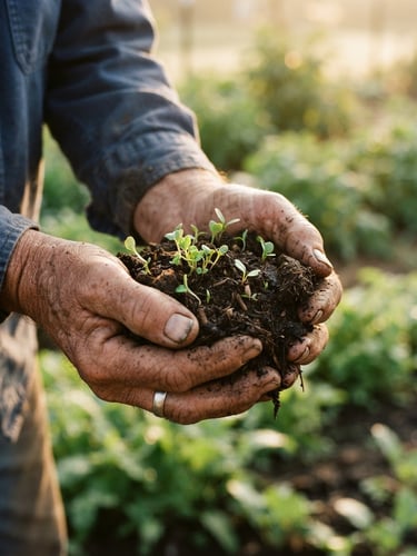 Close-up of an elderly farmer's hands holding rich dark soil with small green sprouts, warm golden-hour morning light, tactile textures, 35mm film grain