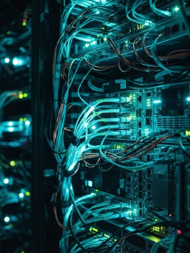 Close-up macro shot of interconnected server hardware, glowing with electric cyan and teal lights, in a dark, moody technical environment, wide aspect.