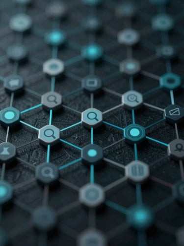 Abstract conceptual representation of data nodes and semantic search vectors, intricate connections with subtle cyan and gray tones, low-key lighting, macro lens.