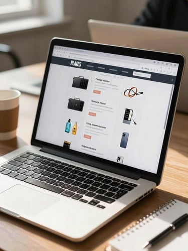 Close-up of a laptop screen on a busy office desk showing a completed e-commerce website with product listings, bright overhead daylight, coffee cup and notebook partially visible at the edge, sharp focus on the screen interface