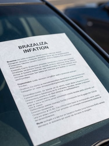Extreme close-up of a Brazilian traffic infraction notice on a car windshield, document text visible under harsh midday daylight, deep blue car body in background soft-focused, photographed from slightly above at a 30-degree angle