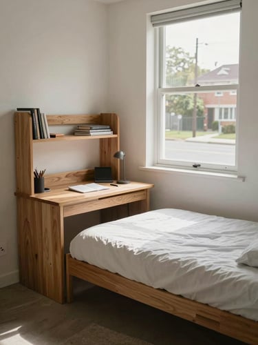 Bright natural daylight illuminating a clean boys PG room, featuring a sturdy wooden study desk, single bed with neat linen, and a large window showing a quiet residential street.