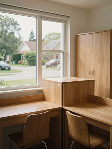 Bright natural daylight illuminating a clean girls PG double room with two wooden study desks, neat wardrobes, and a wide window showing the peaceful neighborhood.