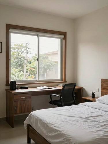 Bright natural daylight interior of a clean PG room in Bengaluru, study desk by the window, neatly made bed, realistic wide-angle photo.