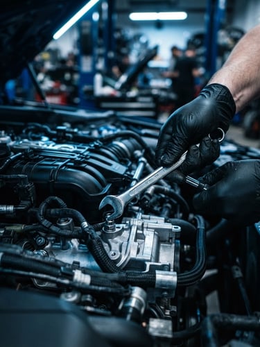 Close-up of hands in black protective gloves using a wrench on a modern car engine, dramatic cool workshop lighting, electric blue reflections, 35mm lens