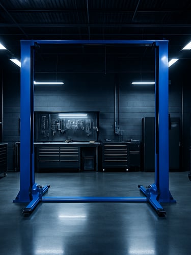 Wide environmental shot of an organized modern auto service bay with clean floors, electric blue lift, and sharp metallic tools, cool workshop lighting.