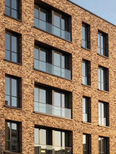 Architectural elevation of a premium modern apartment building at golden hour, highlighting natural brick textures and large windows.