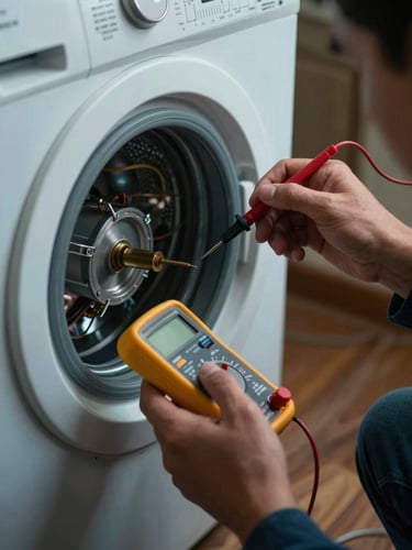 Extreme close-up of a technician's hands holding a multimeter probes against the terminals of a washing machine motor in a real Bogotá apartment, cool work-light illuminating the components, dark background with high contrast, tools visible on the floor