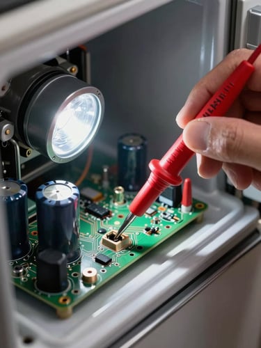 Extreme close-up of a multimeter probe touching a capacitor terminal inside an open Samsung refrigerator compressor compartment, cool work-light casting sharp shadows on the circuit board, tool held by a technician's hand partially in frame