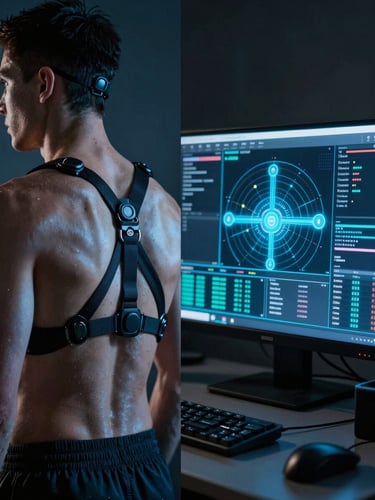 A split-screen composition. On the left, a high-contrast close-up of an athlete wearing biometric sensors under cool blue studio light. On the right, a glowing tactical monitor displaying data streams and security encryption vectors.