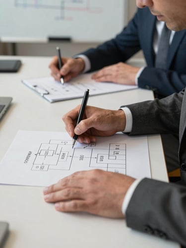 Tight environmental shot: hands of a man in a charcoal suit writing on a structured process diagram spread across a large table, north-facing daylight, a second person partially visible across the table, whiteboard with flow charts in the background, documentary realism, no stock-photo warmth