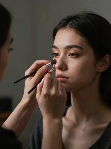 Behind-the-scenes shot of a makeup artist's hands meticulously applying product to a client's face in a modern, clean studio, soft moody shadows, studio key lighting, focus on the interaction and precision, portrait aspect.