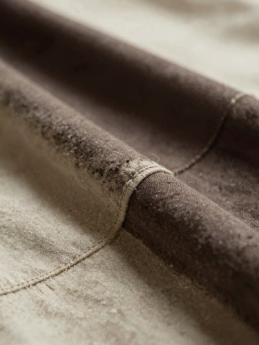 Extreme close-up of charcoal fabric texture with hand-finished seams, soft directional natural light, warm bone and deep espresso tones, 35mm film style