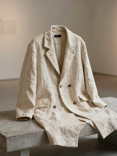 A monolithic architectural silhouette of a structured linen coat draped over a minimalist concrete bench, soft late afternoon gallery light, warm bone tones, shallow depth of field