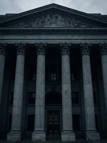 Architectural detail of the New York County Supreme Court building facade, strong columns, overcast daylight, desaturated cool tones.