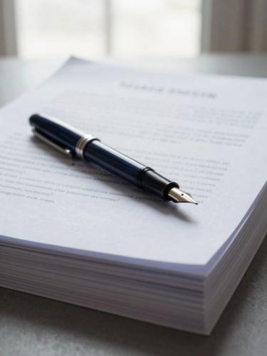 A close-up of a fountain pen resting on a neat stack of legal documents and court filings, soft natural light from a high window, clean composition, editorial documentary style
