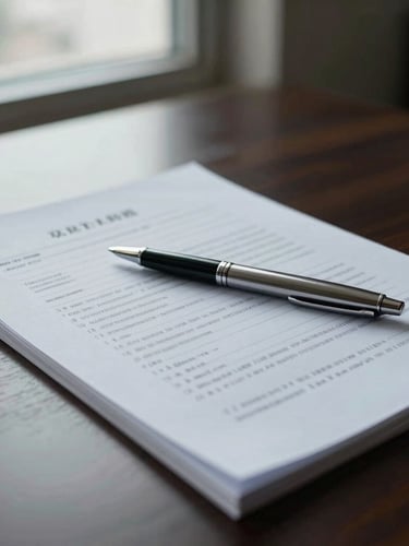 Close-up of a legal case file on a dark wooden desk, a high-end metal pen resting on top of structured documents, cool overcast window light, sharp focus, editorial documentary style.