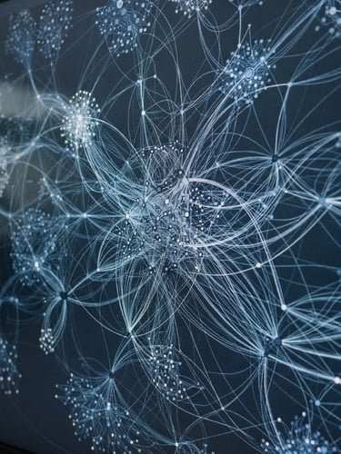 Macro shot of a high-resolution screen displaying abstract data nodes and connection maps, cool overcast tones, deep navy and slate accents, sharp focus, editorial documentary style.