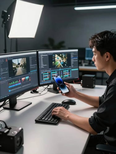 Wide environmental shot of a tech creator at a studio desk, right-aligned in frame, multiple monitors glowing with review footage, a flagship smartphone held in one hand, studio strobe lighting casting clean sharp shadows on the setup, shallow depth of field on background cables and equipment, dark room with precise cold light