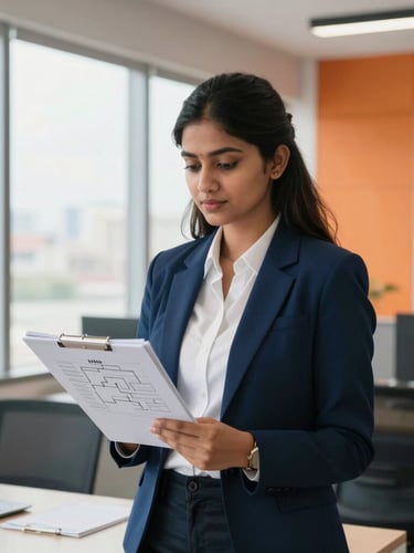 A professional young Indian woman in a bright, modern corporate office in Kochi, looking confident, holding a notebook with structured HR flowcharts, soft natural window light, 35mm