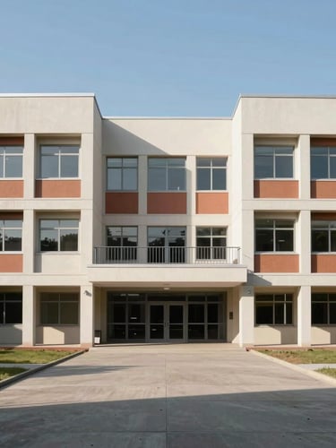 Symmetrical wide-angle shot of a modern institutional school campus facade under bright midday sun, clean concrete lines, terracotta accents, negative space on the left